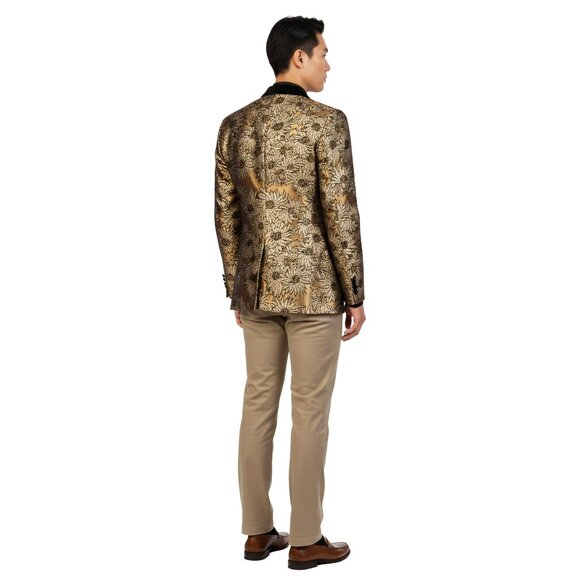Empire™ Metallic Gold Floral Brocade Velvet Peak Lapel Hybrid Fit Blazer, Gold - Picture 4 of 5